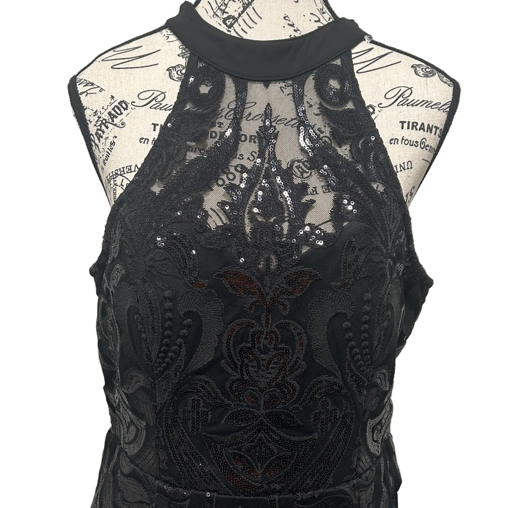 Minuet Petite Black Lace Sequin Halter Feather Hem Mini Dress NWT L